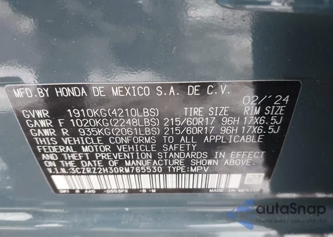 2024 Honda Hr-V Lx z USA, uszkodzony, nr VIN 3CZRZ2H30RM765530